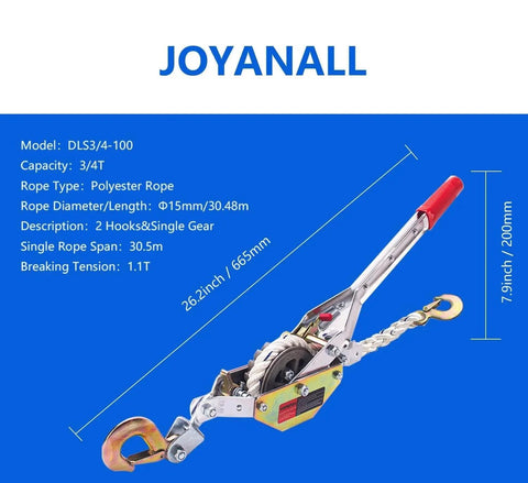 3/4 Ton Capacity Rope Puller With 100 Feet Of 0.6 Inch Rope Come Along Winch For Tree Felling and Heavy Lifting
