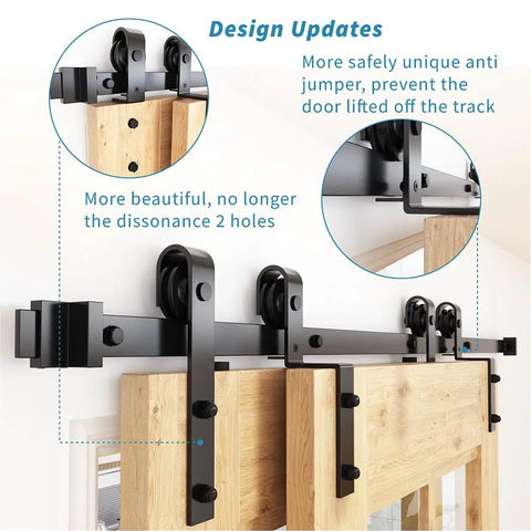 Close-up view of 12Ft Single Track Bypass Sliding Barn Door Hardware Kit for Double Doors with Flat Track Rollers, Low Ceiling J Shape Hangers