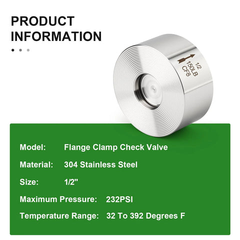 Flange clamp check valve, 1/2 in, 304 stainless steel, backflow prevention