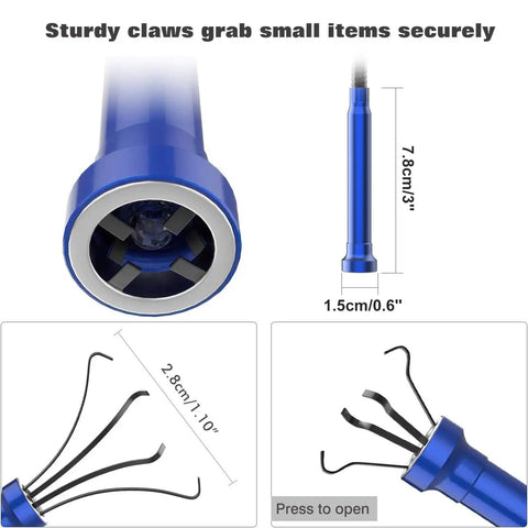 Magnetic Four Claw Grabber Tool With Bendable Hose Reacher And LED Lights, close-up view showing claws and measurements