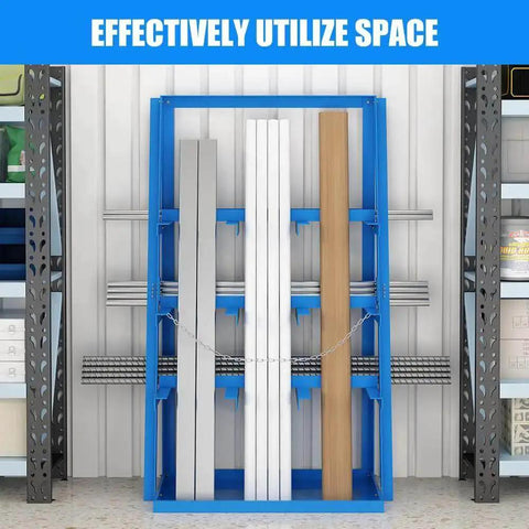 Beefy Vertical Long Parts Storage Rack With 3,000 Lb Capacity For Pipes And Lumber, Heavy Duty Pipe Organizer Shelf With Safety Chain, Blue Garage Workshop Storage Rack For Home Garage And Factory