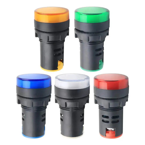 Five multicolor 12V LED indicator lights for control panels, featuring 22mm mount, screw clamp, and low back depth.