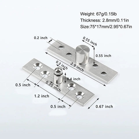 360 Degree Hidden Pivot Hinge Set Stainless Steel Concealing Door Hinges Center Pivot Up Down Shaft 2 Pack dimensions