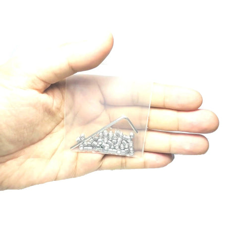 Hand holding 304 Stainless Steel Hex Socket Set Screws 8-32 X 1/8 Inch, 50-Piece Set with 5/64 Inch Allen Wrench in plastic bag.