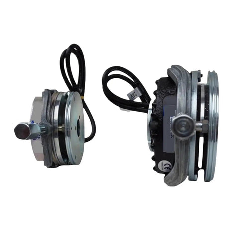 Electromagnetic brake/clutch unit pair; left front view shows shaft, right side view shows housing and DC cables.