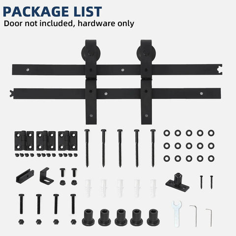 60" Bi-Folding Sliding Barn Door Hardware Kit for Two 28" Bifold Doors, hardware pieces displayed on white background.