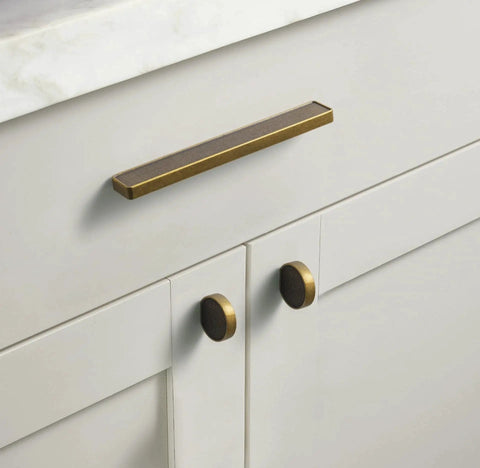 Six Pack Antique Brass Finger Pulls For Cabinets And Drawers, Solid Zinc Alloy Hardware installed on white cabinet, vintage style