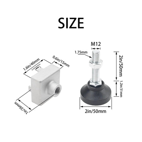 Size dimensions of Four Sets 4040 Aluminum Profile Adjustable Feet For T Slot 8mm Leveling Leg Bracket Connector Kit