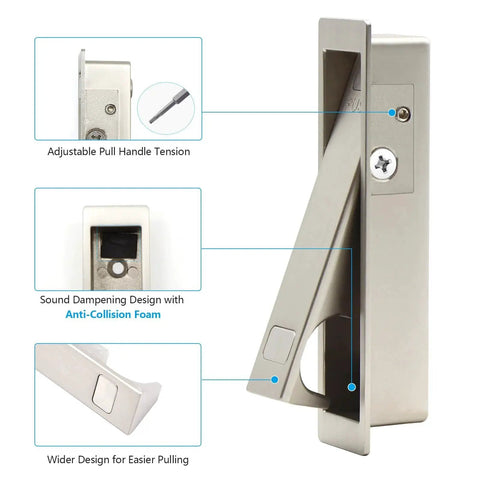 Pocket Door Pull Handle For Flush Mount Sliding Doors In Brushed Nickel Finish showing adjustable tension and sound dampening features