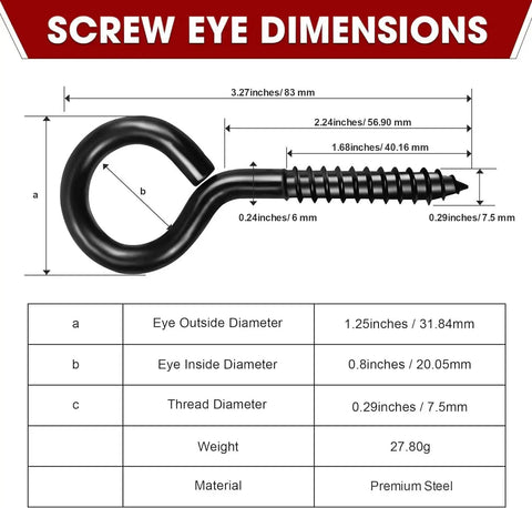 Dimensions of Heavy Duty Black Screw Eyes Set With 3.2 Inch Eye Bolts for hanging cables and wires for hammock stands.