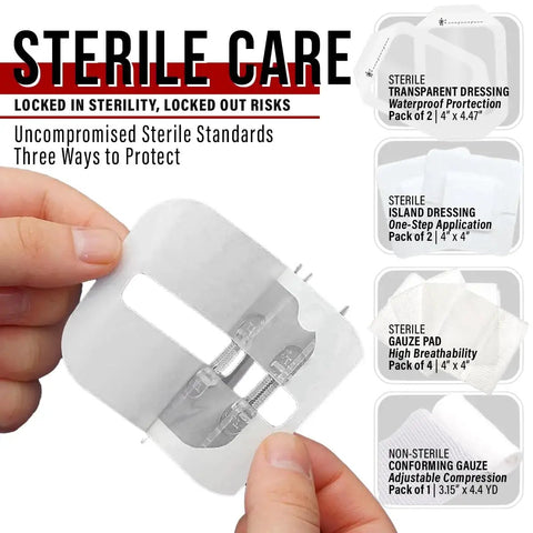 Close-up of Zip Stitch Wound Closure Kit showing sterile dressing options for suture-free healing of cuts and lacerations from Everlit