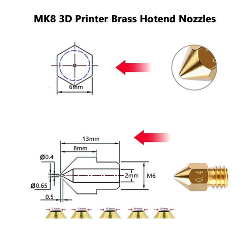 Technical diagram of 25Pcs MK8 Ender 3 V2 Brass Nozzles 0.4mm Set With DIY Tools Storage Box For Creality Ender 3 Series And CR 10 3D Printers Ready To Rock High Heat Abrasion Resistant.