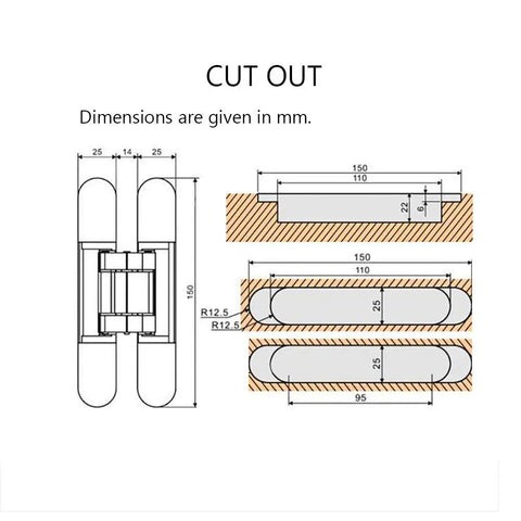 Technical diagram of Hidden Concealed Door Hinges Three Dimensional Adjustable Black Pair With 180 Degree Opening And 88 Lbs Support For Doors 35mm Thick To 850mm Wide Concealed Screw Heads For Clean Look Includes Mounting Screws By Alamic