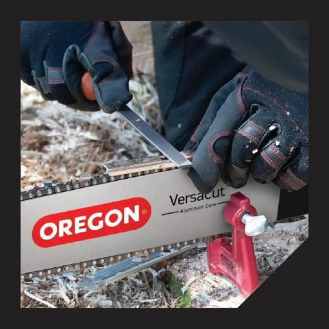 Person using Depth Gauge Tool With Flat File For Chainsaw Chain For Accurate Depth Settings And Consistent Cutting Performance