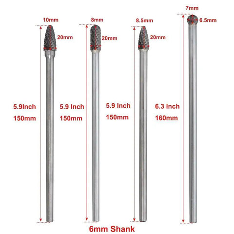 Heavy Duty Tungsten Carbide Rotary Burr Set, 4 Pieces, 6 Mm Shank, Cutting Edge Diameter 7 Mm To 10 Mm, 150 To 160 Mm Length