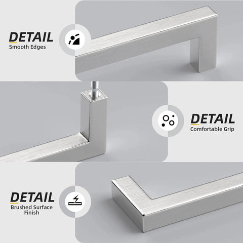 Brushed Nickel Cabinet Pulls Set Of 30 3-3/4 Inch Square Drawer Handles with smooth edges, comfortable grip, and brushed surface detail.