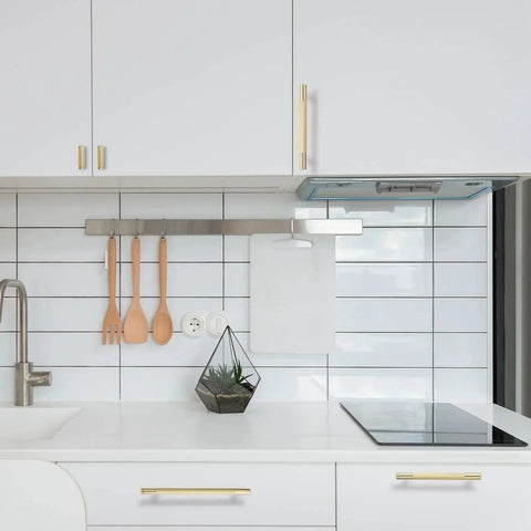 10 Pack Brushed Brass Knurled Cabinet Handles 5 Inch Center to Center Gold Kitchen Cabinet Pulls installed on white cabinets