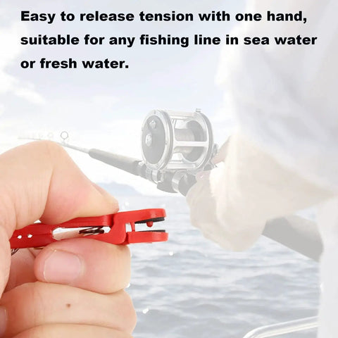 Hand holding Heavy Tension Downrigger Release Clip for Offshore Fishing Planer Boards Weights and Kites by YUNNLEZT in red.