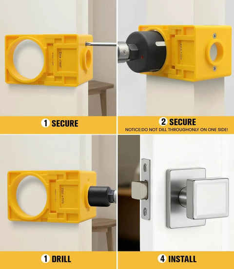 All In One Door Hinge Jig And Lock Installation Kit With Aluminum Alloy Adjustable Mortise Template in use on door.