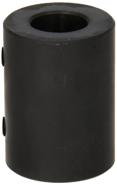 Rigid shaft coupling, black oxide–plated mild steel, 1-1/2 in outside diameter, center bore with side screw holes