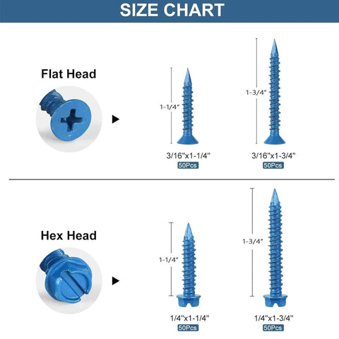 Concrete Screw Assortment Kit With Drill Bit 200 Pcs No Pre Drill Diamond Point Flat Head Phillips And Hex Head Masonry Screws For Concrete Brick Block And Cement Anchors Four Sizes size chart