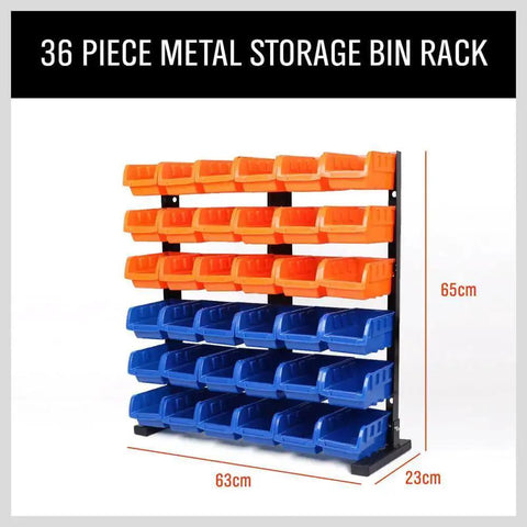 Wall Mounted 36 Bin Storage Rack for Garage and Workshop Heavy Duty Plastic Bin Organizer Kit with 18 orange and 18 blue bins