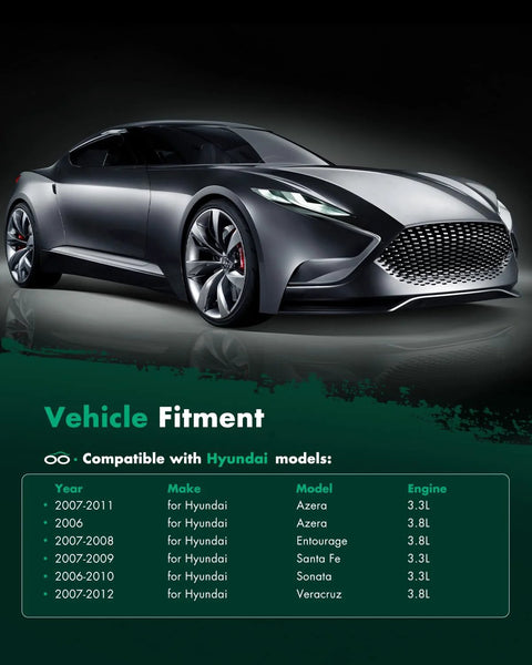 Sleek dark gray sports car with compatibility chart for Hyundai models Azera, Entourage, Santa Fe, Sonata, Veracruz