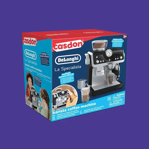 Front view of Casdon De'Longhi La Specialista toy coffee machine playset box, silver and black plastic.