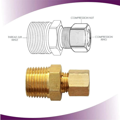 Brass ice maker water line fitting, 3/8 NPT male to 1/4 inch compression, gold finish