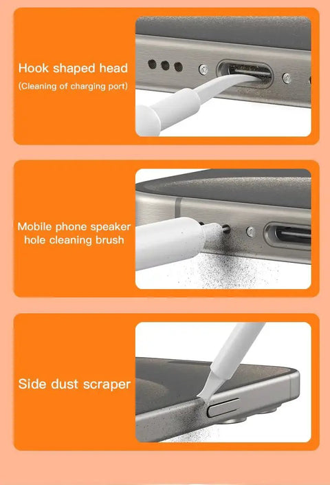 32-In-1 Compact Electronics Cleaning Kit for Keyboards, Phones, Monitors, Lenses showing cleaning tools in action on a smartphone