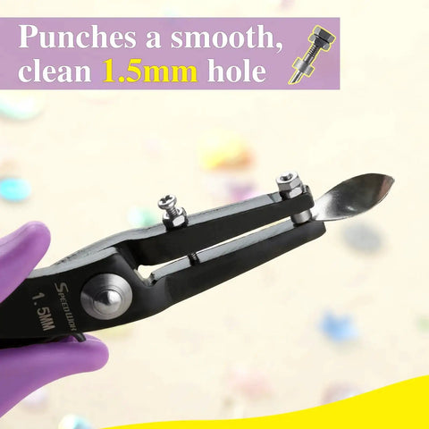 1.5mm Round Hole Punch Pliers For Soft Sheet Metal Long Jaw Craft Tool close-up, showing ergonomic grip and precise hole punch