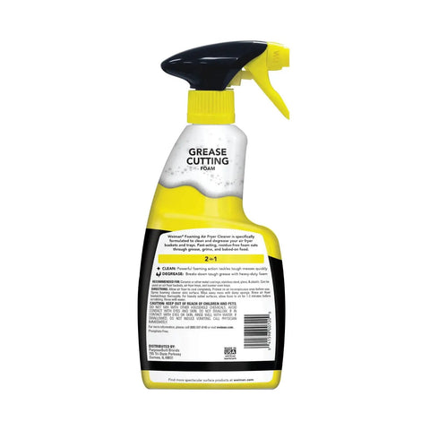 Back view of foaming air fryer cleaner bottle with non abrasive sponge for ceramic baskets