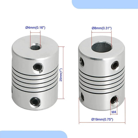 2 Pack Flexible Beam Couplings 4mm To 8mm Shaft, 19mm Outer Diameter, 25mm Length, M4 Screws shown side by side