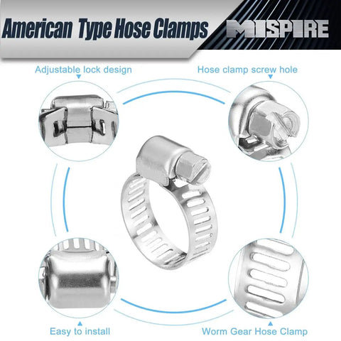 Stainless Steel Hose Clamps Set 6-12mm 25 Pieces Adjustable Perforated Worm Gear Clamps SAE J1508 shown with close-up features