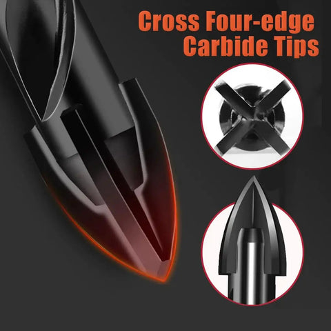 Close-up of Masonry Drill Bit Set Three Sixteenth Inch Ten Piece Beefy Heavy Duty Tungsten Carbide Concrete Drill Bits with cross-edge tip.