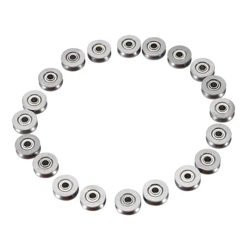 20 Pack V Groove Ball Bearings V623ZZ 3x12x4mm Double Shielded Pro Grade Mini Rail Guides arranged in a circle on a white background