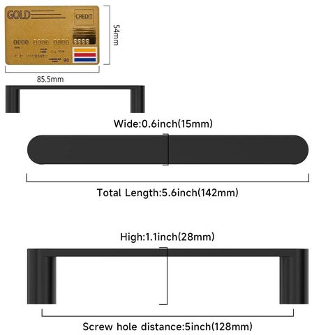 Dimensions of 10 Pack Matte Black 5 Inch Hole Center Kitchen Cabinet Pulls ZH0005MB with sleek profile design.