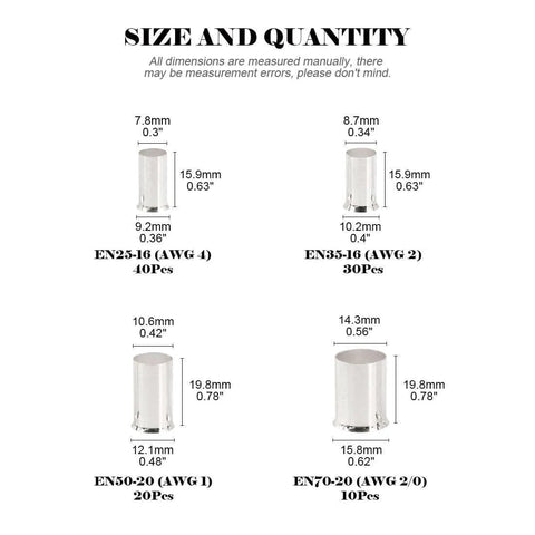 100 Pcs Wire Ferrule Terminal Kit, Copper Crimp Connectors, Silver Plated, Non Insulated, Assorted AWG 4 2 1 2/0 size chart