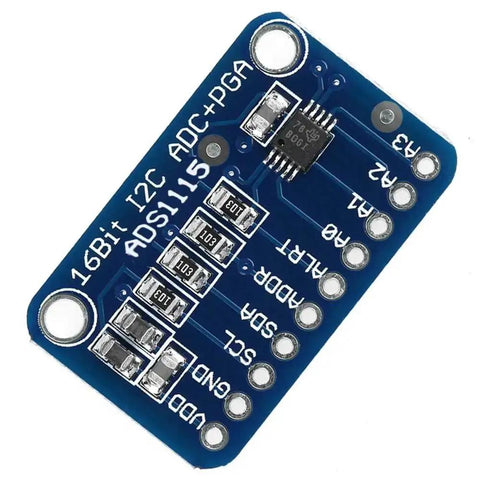 Top view of a Four Channel 16 Bit I2C ADC Module with Programmable Gain Amplifier for microcontrollers, ADS1115 compatible.