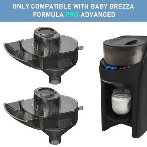 Two replacement funnels with covers for Baby Brezza Formula Pro Advanced (2-pack) and a black dispenser unit