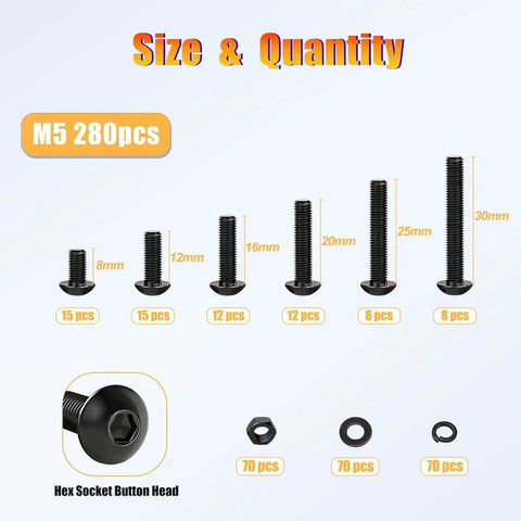 Size variety of M5 Screw Kit 280Pcs With Nuts Lock Washers Flat Washers Grade 10.9 Alloy Steel Hex Socket Button Head Black Screws