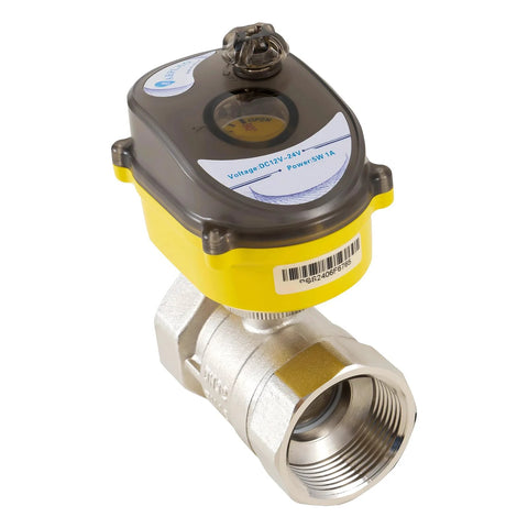 Electric ball valve with yellow 24V actuator, 1-1/4 inch full-bore, DN32mm, threaded female connections, metal body.