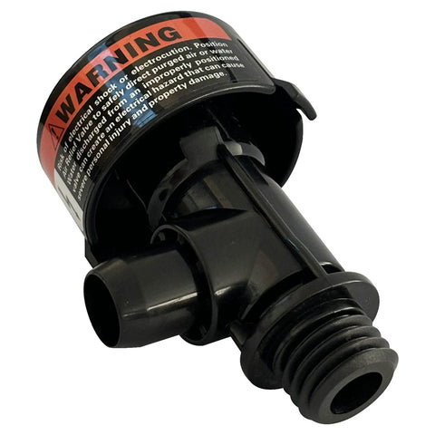 Trucktok high-flow manual relief valve for pool filter, close-up of black plastic valve with warning label