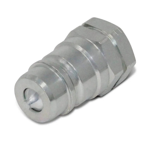 Rugged Three Eighths Inch Ag ISO 5675 Hydraulic Quick Connect Pioneer Style Coupler with Poppet Valve, metal finish, side view
