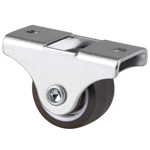 Close-up of 4 Pack 1 Inch Rigid Caster Wheels Low Profile Top Plate Fixed Casters for cabinets, drawers, trundle beds in chrome steel.