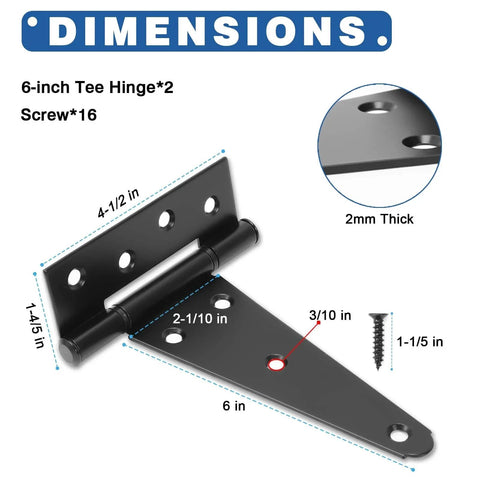 Diagram of Six Inch T Strap Heavy Duty Gate Hinges Two Pack Black Wrought Iron Tee Shed Door Hinges with dimensions