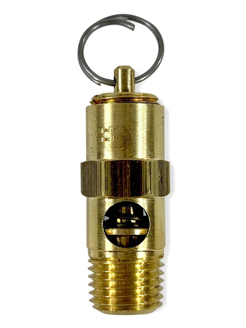 Brass 1/4 in. NPT economy soft-seat safety pressure relief valve with ring, 80 PSI / 42 SCFM, bottom threaded outlet.
