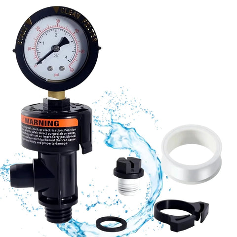 Air relief valve with pressure gauge for Pentair pool filters; black plastic body, white dial gauge, includes fittings