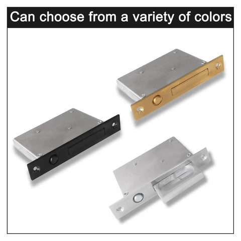 Different colors of Pocket Door Edge Pull Sliding Door Handle With Embedded Hidden Pocket Design, showing black, brass, and silver options.