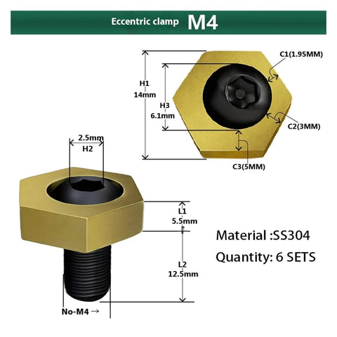 Diagram of M4 Six Piece Hex Eccentric Fixture Clamps Set, Stainless Steel Workholding Clamps With Nuts For Quick, Strong Secure Machining